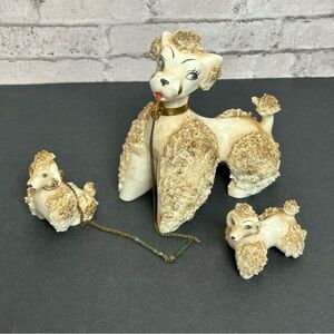 Vintage Ivory/Gold Spaghetti French Poodle Figurines Mom and 2 Puppies Japan